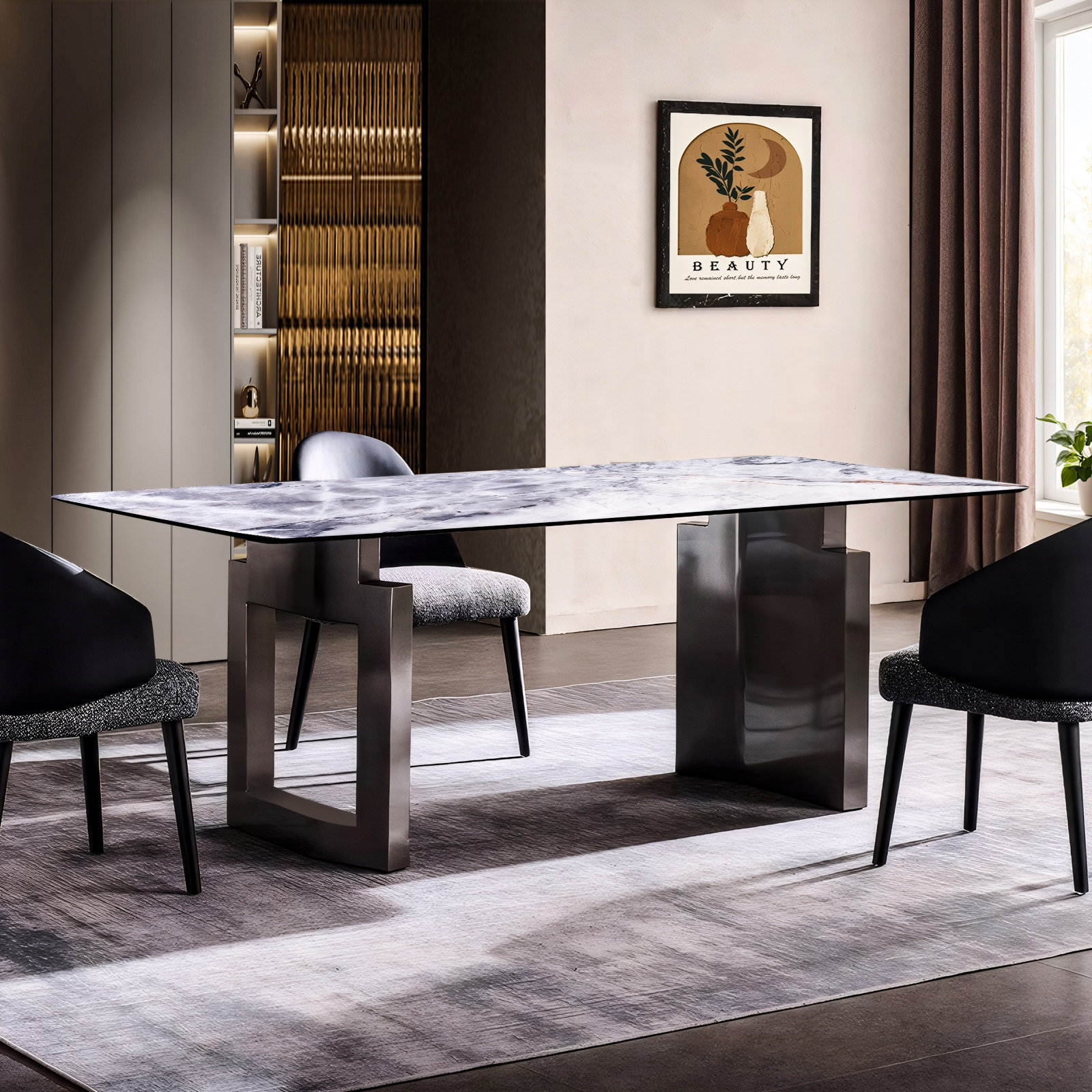 Ivy Bronx Rectangular Sintered Stone Dining Table with Double Pedestals