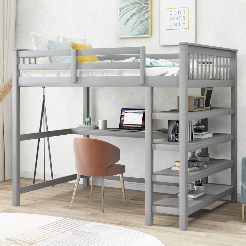 Lit mezzanine avec tablettes de rangement et bureau sous le lit, Gris, Complet/Double