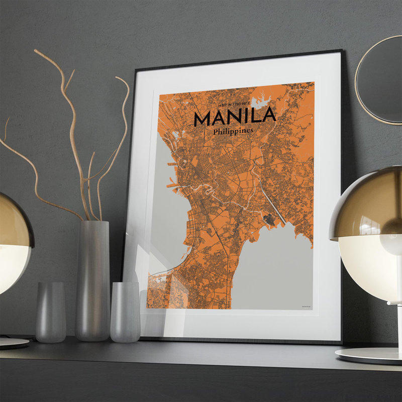 Manille, carte de la ville, impression, H 27,6 po x l 19,7 po, Orange / gris