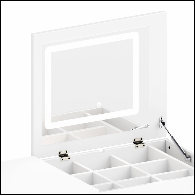 Bureau de meuble-lavabo multifonctionnel avec miroir, lumières et rangement abondant pour les chambres modernes, conception à rabat, 3 modes de couleur, 7 tiroirs, 9 compartiments, 3 tablettes