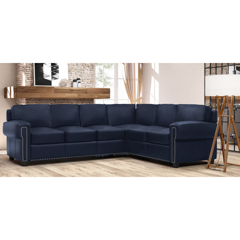 Canapé modulaire en cuir véritable de 119 po de large Fardin, Faisant face vers la gauche, Cuir véritable bleu