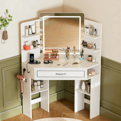 Corner Dressing Table,Vanity Table with LED Mirror&Charging