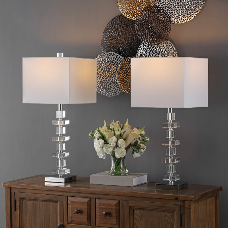 White Crystal and Chrome Art Deco Table Lamp Set with USB Port