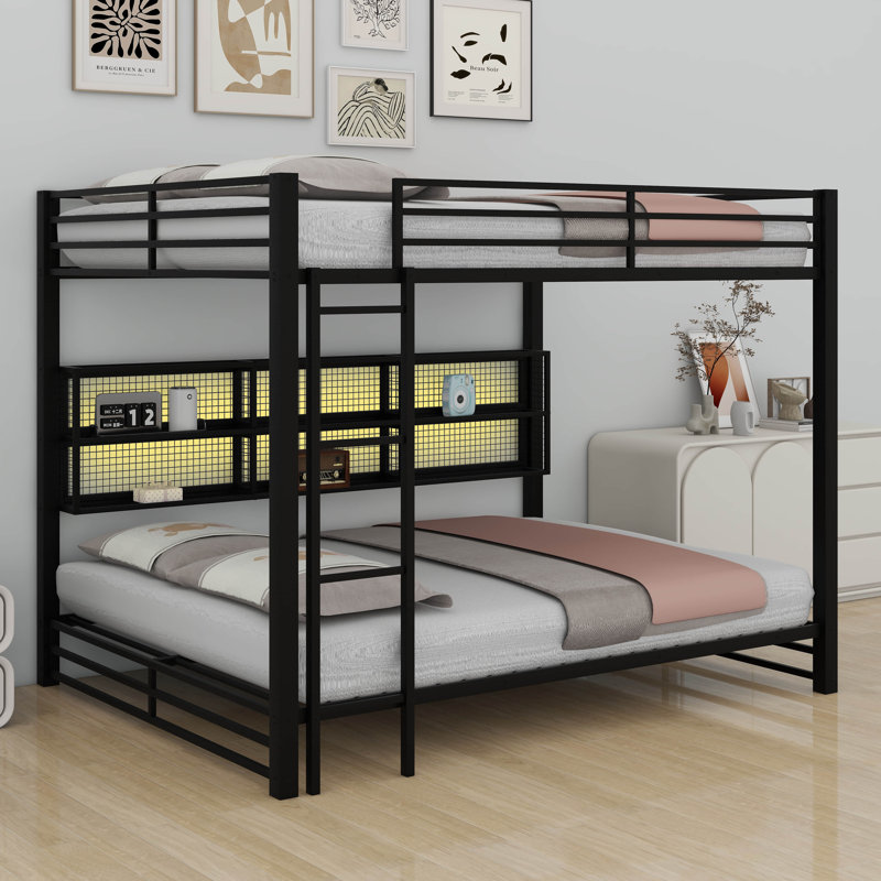Lit superposé grand sur grand avec armoires de rangement, lit superposé en métal robuste avec lumières à DEL pour adultes