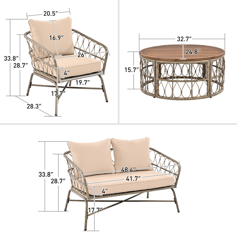 Patio avec espaces surdimensionnés, coussins amovibles, beige, table ovale en bois 4 sièges d'extérieur ergonomiques et housses