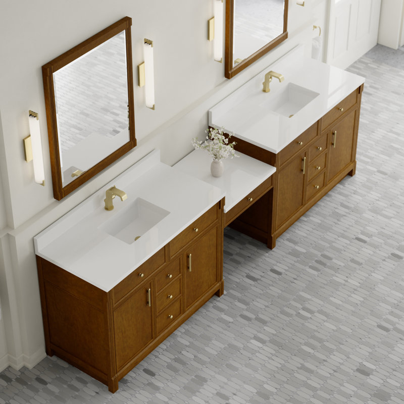 Bellshire 120" W Dual Vanity Set with 24" Make-Up Counter, Honey Oak, Single Faucet, White Zeus