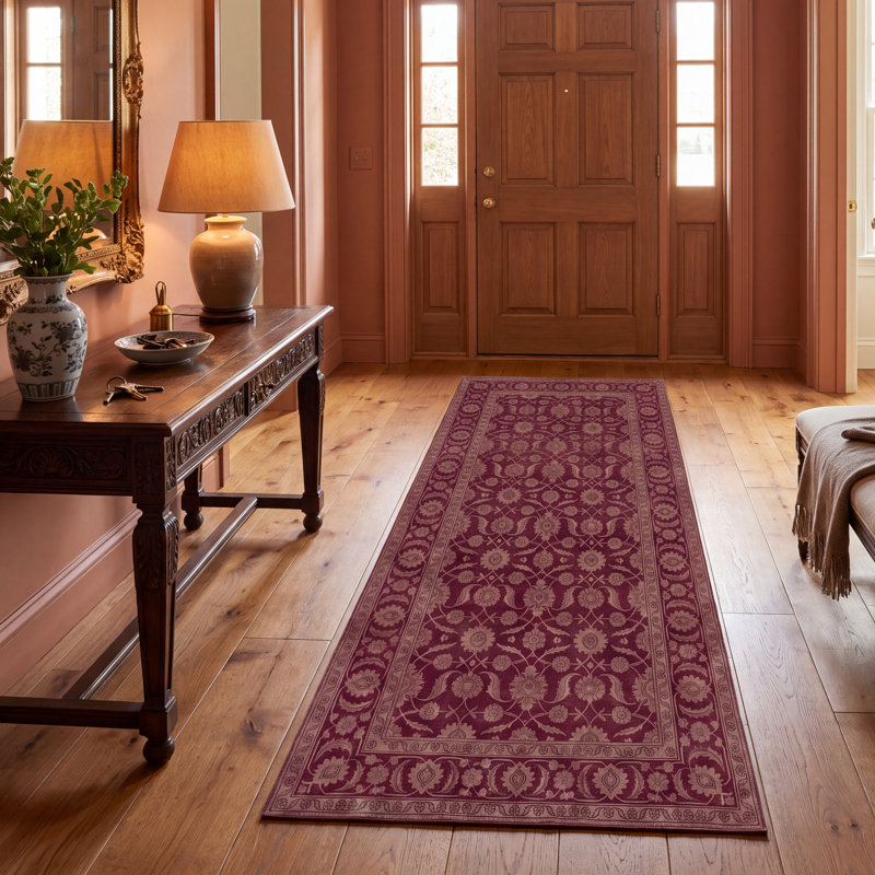 Tapis Olive2 traditionnel surteint uni bordeaux, cuivre, vert, crème et rose, lavable à la machine, antidérapant, à poils courts, pour l'intérieur et l'extérieur, adapté aux animaux domestiques, idéal pour le salon, la chambre, la salle à manger, l'entrée, le couloir ou le bureau.