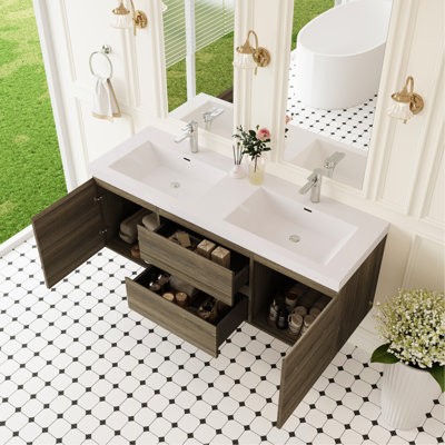 Meuble-lavabo flottant de 60 po avec deux lavabos, mural, gris cendré, tiroirs à fermeture en douceur, pré-percé pour l'assemblage, lavabo à longue durée de vie monté en surface solide, résine, facile à nettoyer, silencieux