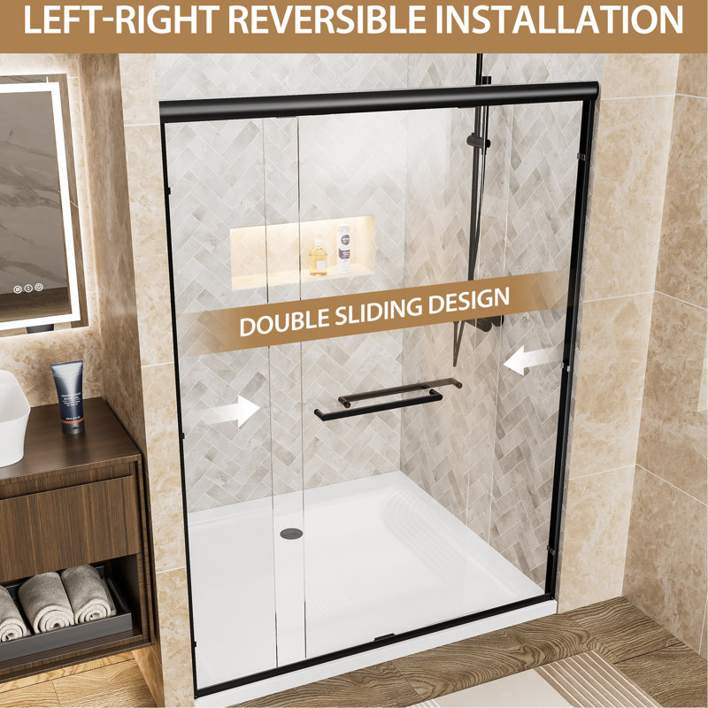Double Sliding Shower Door 60" Wide By 72" High, 1/4"  6Mm  Clear Tempered Glass, Matte Black Aluminum Frame, Dual Stainless Steel Handles, Adjustable Width Between 56" - 60", Water Proof Feature For