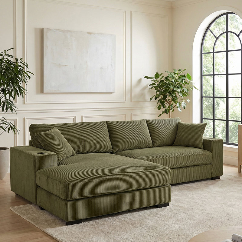 Grand canapé modulaire avec coussins épais et porte-gobelets intégrés et ports de chargement, Vert