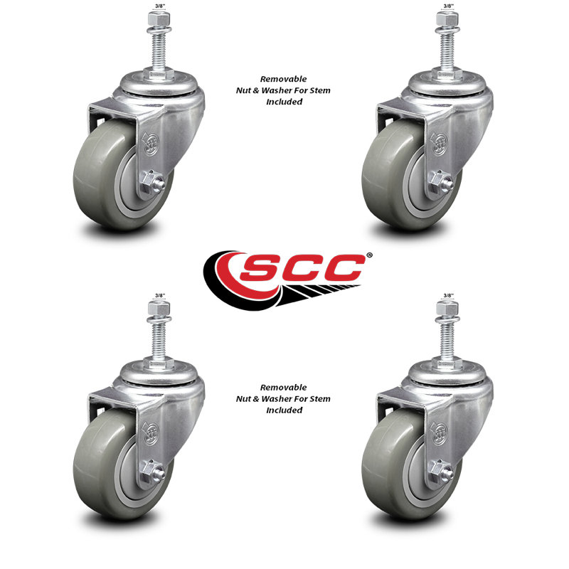 Ensemble de roulettes à tige filetée de 3,5 po en polyuréthane pivotant de 3/8 po SCC, Gris