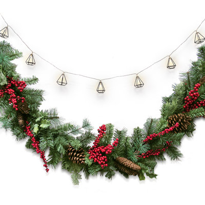 72" Artificial Mixed Berry Pine Cone Christmas Garland with Geometric Pyramid String Light Set
