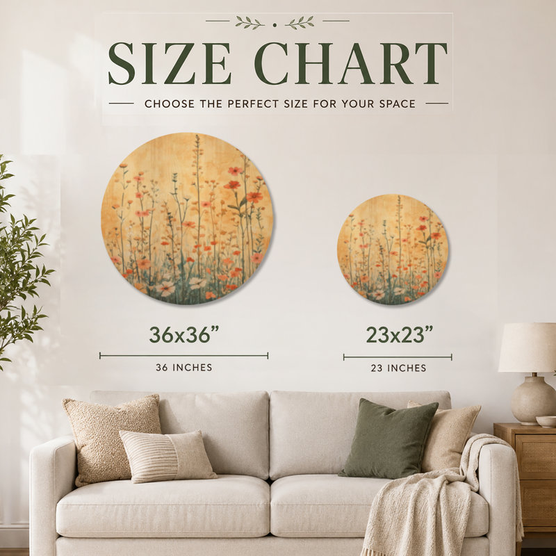 «Wildflowers Rising - Cottage», art mural rond en bois, Rond 23 po, Rond