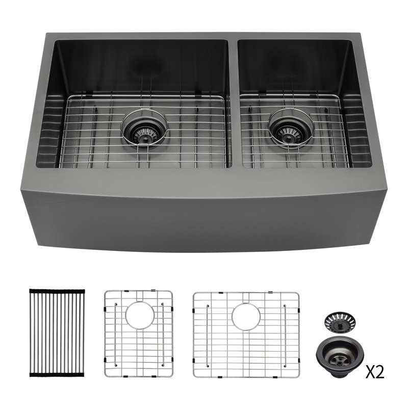 Gunmetal Black Double Bowl (60/40) Farmhouse Sink- 36"X21"X10"Stainless Steel Apron Front Kitchen Sink 16 Gauge With Two 10" Deep Basin