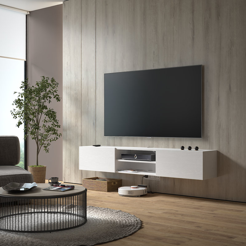 Ada 71" Modern Floating TV Stand – Minimalist Wall Mounted Media Console with Storage for TVs up to 80", White Wood, White