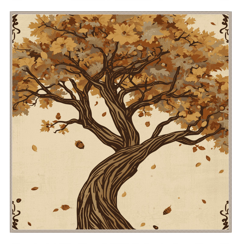 Machine Washable Ortencia Oak Tree Country Rustic Vintage Look Rug in Beige – Beige Binding, 3' Square