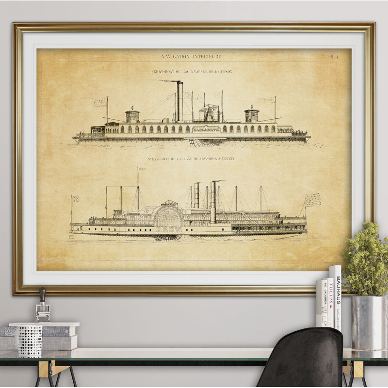 « rétro italien steamboat stencil i », impression, H 20 po x l 24 po x P 1,5 po, Cadre doré