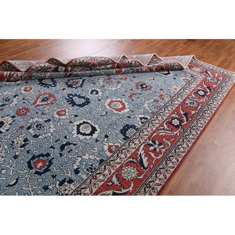 Tapis beige / ivoire / bleu en laine noué à la main de conception unique 9 pi x 11 pi 9 po