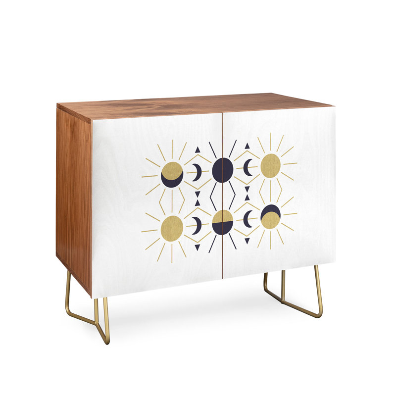 Emanuela Carratoni Moon and Sun on White 2 Door Credenza Cabinet, Walnut/Green/Black