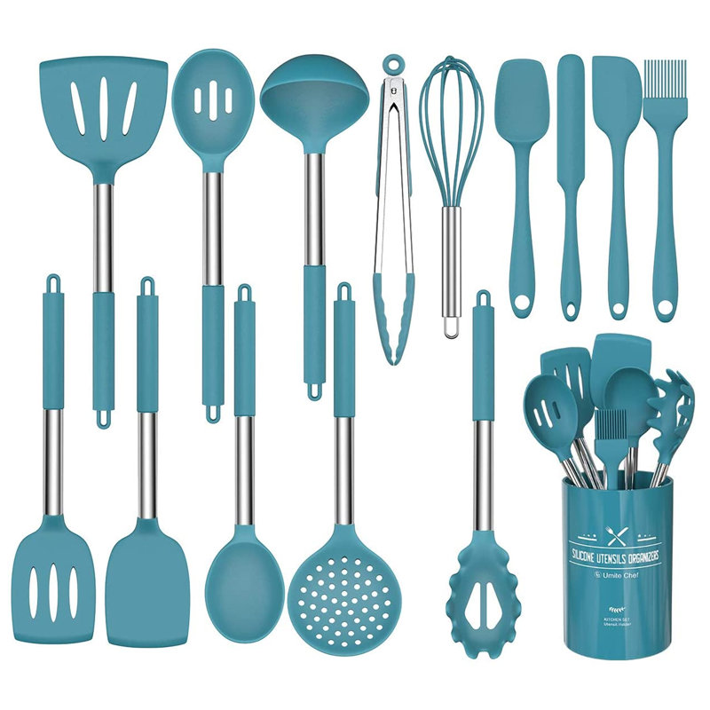 Ensemble de 15 ustensiles de cuisine en silicone, acier inoxydable, résistant à la chaleur antiadhésif, bleu