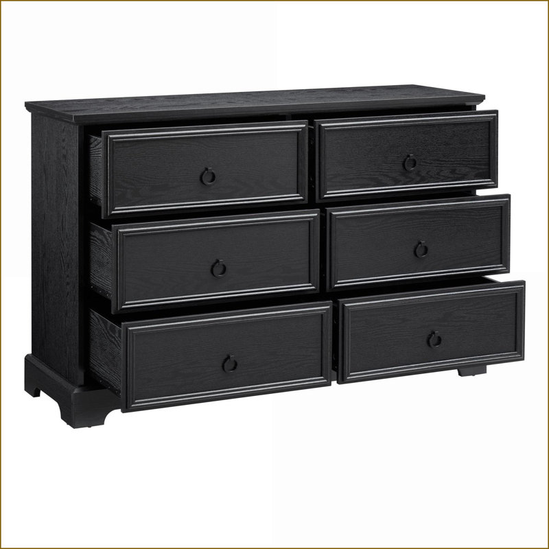 6-Drawer Dresser Chest, Modern Farmhouse Black Wooden Storage (47"W x 31"H) | MDF | Bedroom, Black