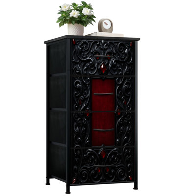 Commode gothique pour la chambre à coucher avec 4 tiroirs de rangement Cadre noir orné Rouge Commodes au centre rouge foncé Commode en tissu avec cadre en acier pour vestibule
