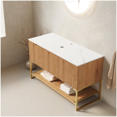 48" TULIO Freestanding Carrara White Sintered Stone Counter Top and Cabinet with 3 Doors and Open Shelf, NO Basin, NO Faucet and Sink Cover, Woodgrain Color