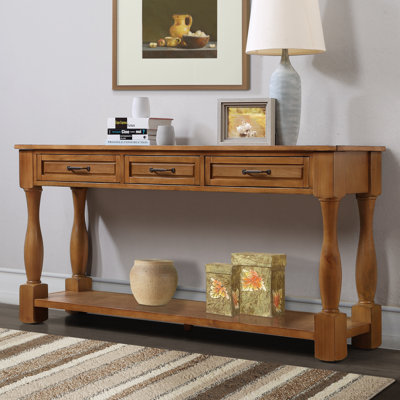 Console en bois de 63 po de long avec 3 tiroirs et 1 tablette inférieure pour le couloir d'entrée du canapé Extrathick (brun)