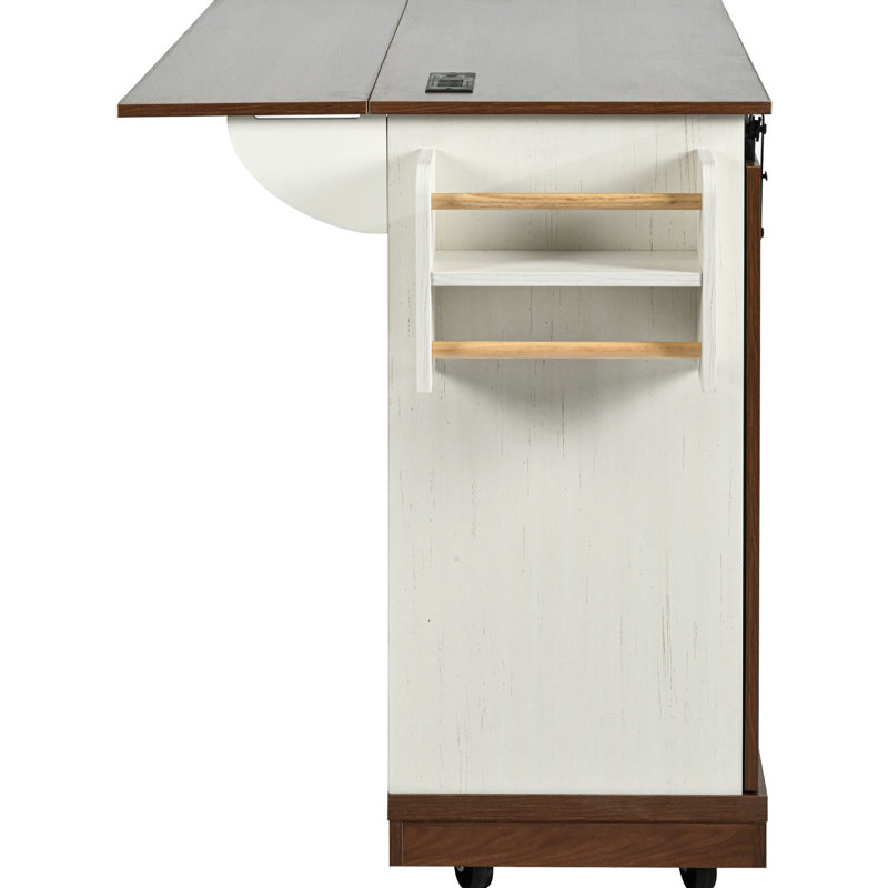 55.5 - Inch Rolling Kitchen Island With Drop Leaf, Barn Door, Storage Drawers, And Built In Power Outlet For Organization Island, Sliding Adjustable Shelf, Lockable Wheels, Dining Room Decor