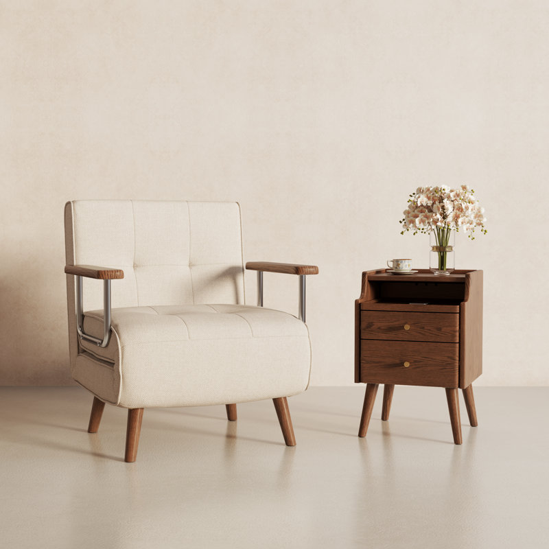 Table de chevet étroite en bois massif avec 2 tiroirs, Brun, H 19,68 po x l 15,74 po x P 15,74 po