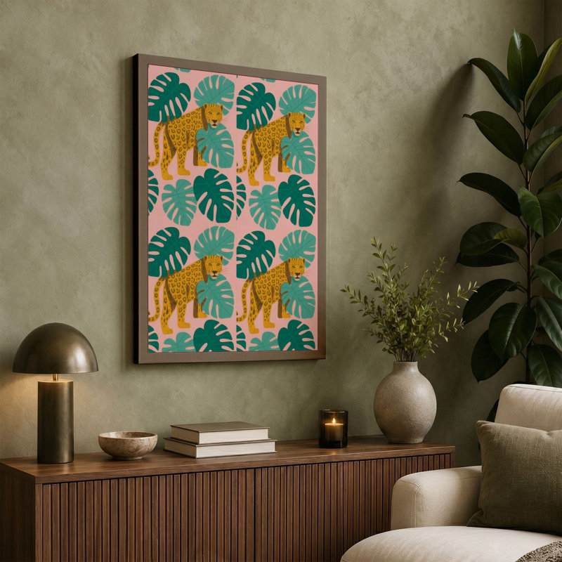 Jungle Cats Among Leaves Tropical - Print, 30x20 - 76.2 x 50.8 cm, Sage Border