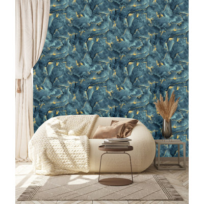 Papier peint imitation pierre bleu et or, art déco bleu et or, papier peint embossé aspect tissu lisse, papier peint classique, double rouleau 3D embossé lustré
