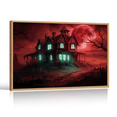 Haunted House With Glowing Green Windows And Red Halloween Canvas Wall Art