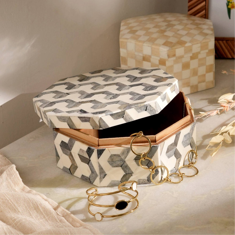 U Pattern Hexagon Bone & MDF Box –Modern Decorative Storage Solution-7.5X7.5X3"
