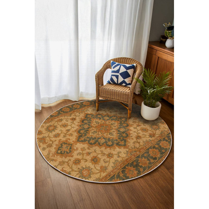 Marrakech Collection Digital Print Cotton-Polyester Brick Brown Moroccan Rug, Round 3'4"