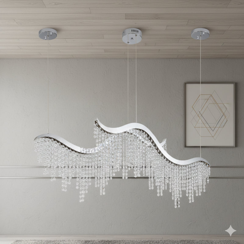 Lustre en cristal à DEL 36 pouces Modern Wave, 3 températures de température réglables (3000K / 4000K / 6000K), luminaire élégant à hauteur réglable pour le salon et les espaces luxueux