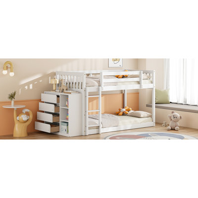 Solid Wood Twin Over Bunk Bed - White With Functional Storage 4 Drawers And 3 Shelves Bedroom Essential For Space Optimization Must-Have