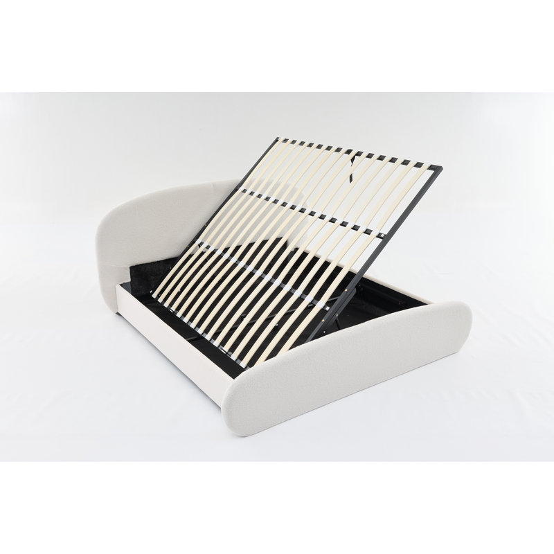 Lit plateforme de rangement relevable hydraulique Willma de luxe, capitonné et rembourré, au design arrondi sculpté, blanc bouclé, Queen