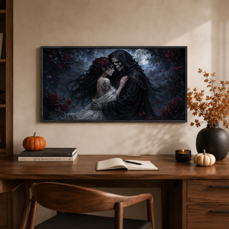 Art mural sur toile gothique avec squelettes et roses rouges, L 40 po x H 20 po