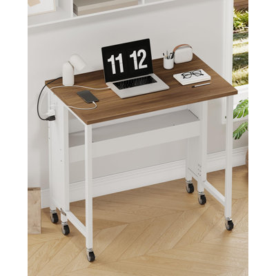31.5" Modern Folding Computer Desk With Power Outlets, Wheels, Storage, Perfect For Small Spaces Rustic Brown And White