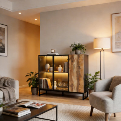 3-Door Modern Cabinet With LED Lights & Reclaimed Wood Finish