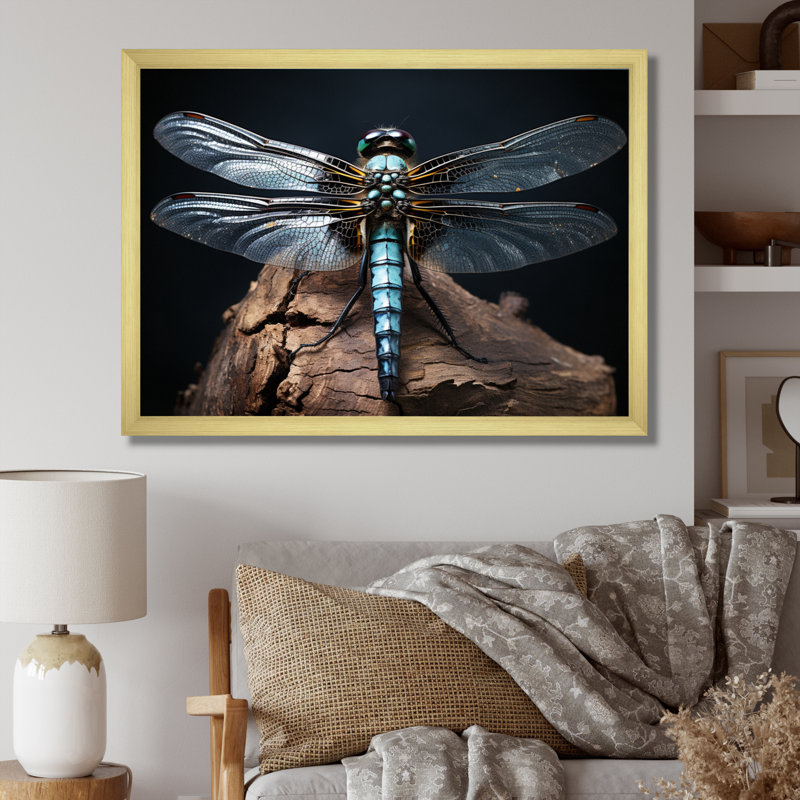 «Teal Dragonfly Portrait I», reproduction d'art sur toile, H 12 po x l 20 po x P 1 po, Encadrement doré