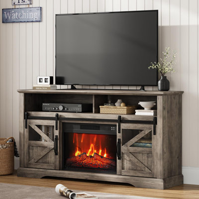 Armoire de foyer électrique Farmhouse - Meuble télé 60 po avec insert de cheminée 23 po, portes de grange coulissantes, tablettes de rangement réglables, télécommande, grand espace de rangement pour le salon, gris