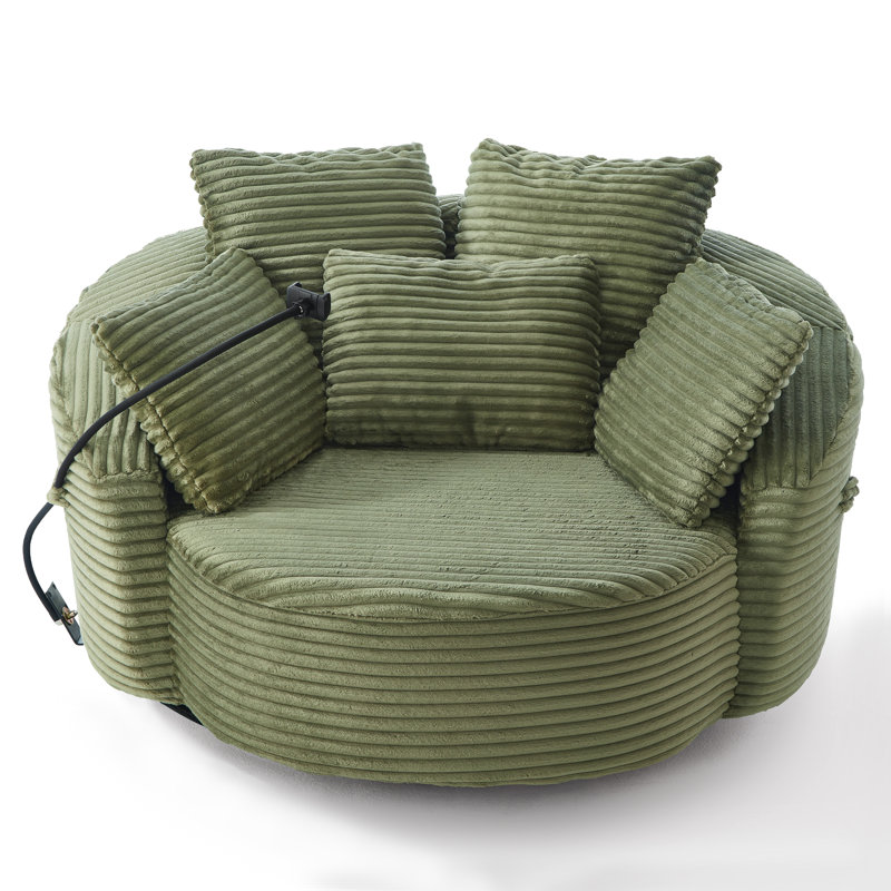 Fauteuil d'appoint rond en velours côtelé 360 ° avec 5 coussins décoratifs et support de téléphone réglable, Vert