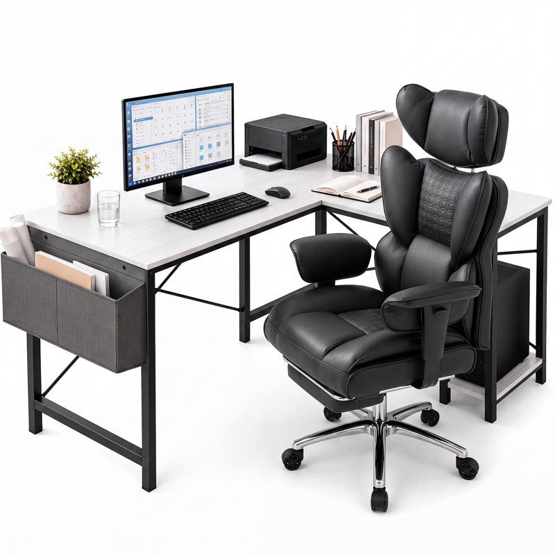 Bureau d'ordinateur en L Nahant avec chaise ergonomique multifonctionnelle à haut dossier, Blanc/Noir