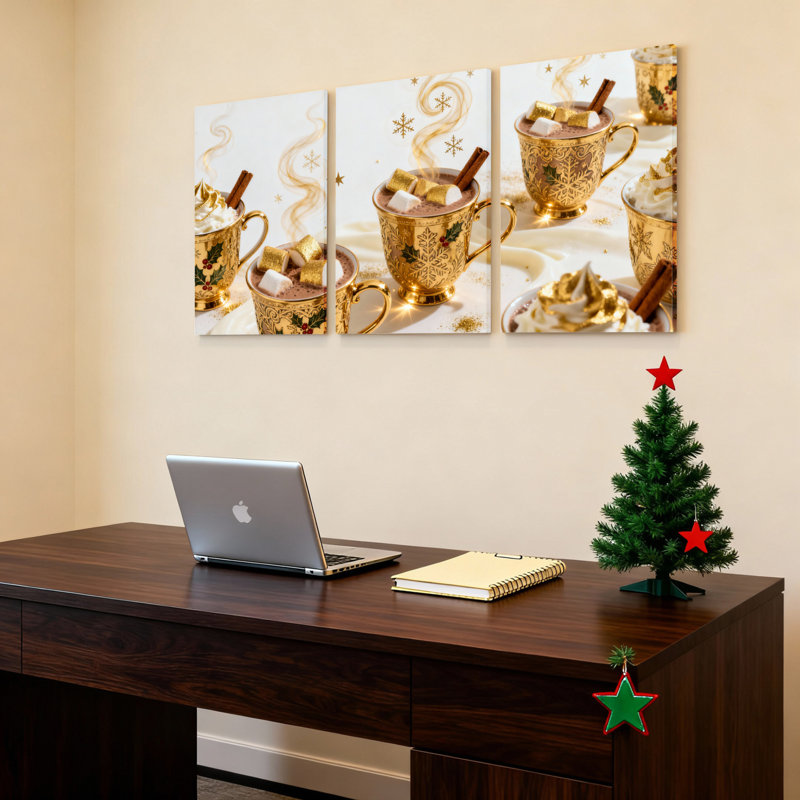 Golden Holiday, chocolat chaud avec guimauves et bâtons de cannelle, impression sur toile tendue de Noël (ensemble de 3)