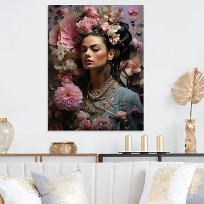 Floral Pink And Blue Mexican Portrait II - Mexican Woman Metal Wall Art