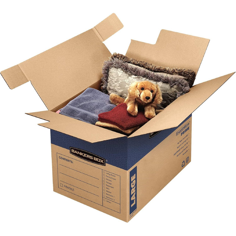 Large Prime Moving Box 6 Pack, Reinforced Handles, Tape-Free Assembly, Attached Lid
