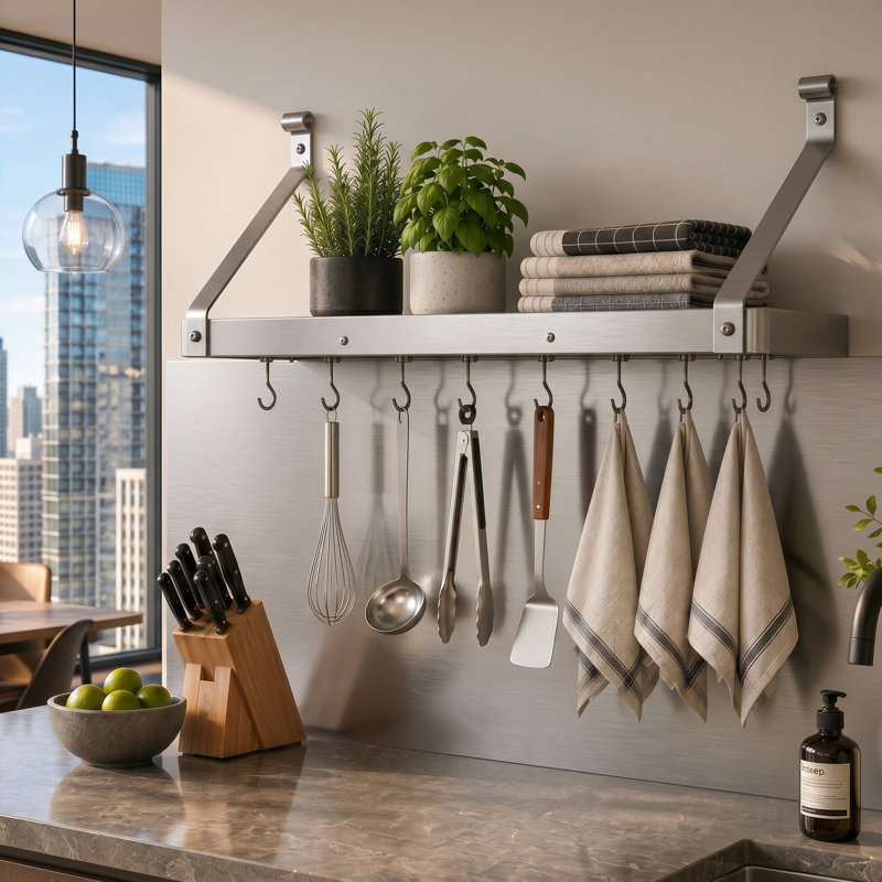 Gourmet USA Handcrafted Wall Mounted Pot Rack, 17" H x 36" W x 13" D, Stainless Steel