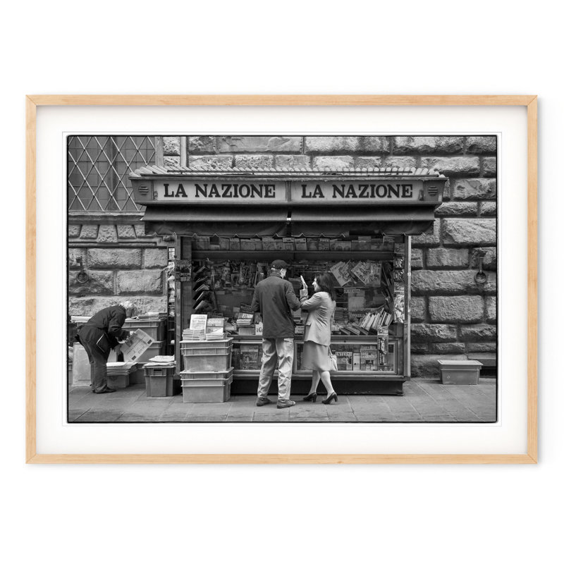 Italian Newspaper Stand - Picture Frame Photograph on Paper , 28.5" H x 40" W, Natural Framed